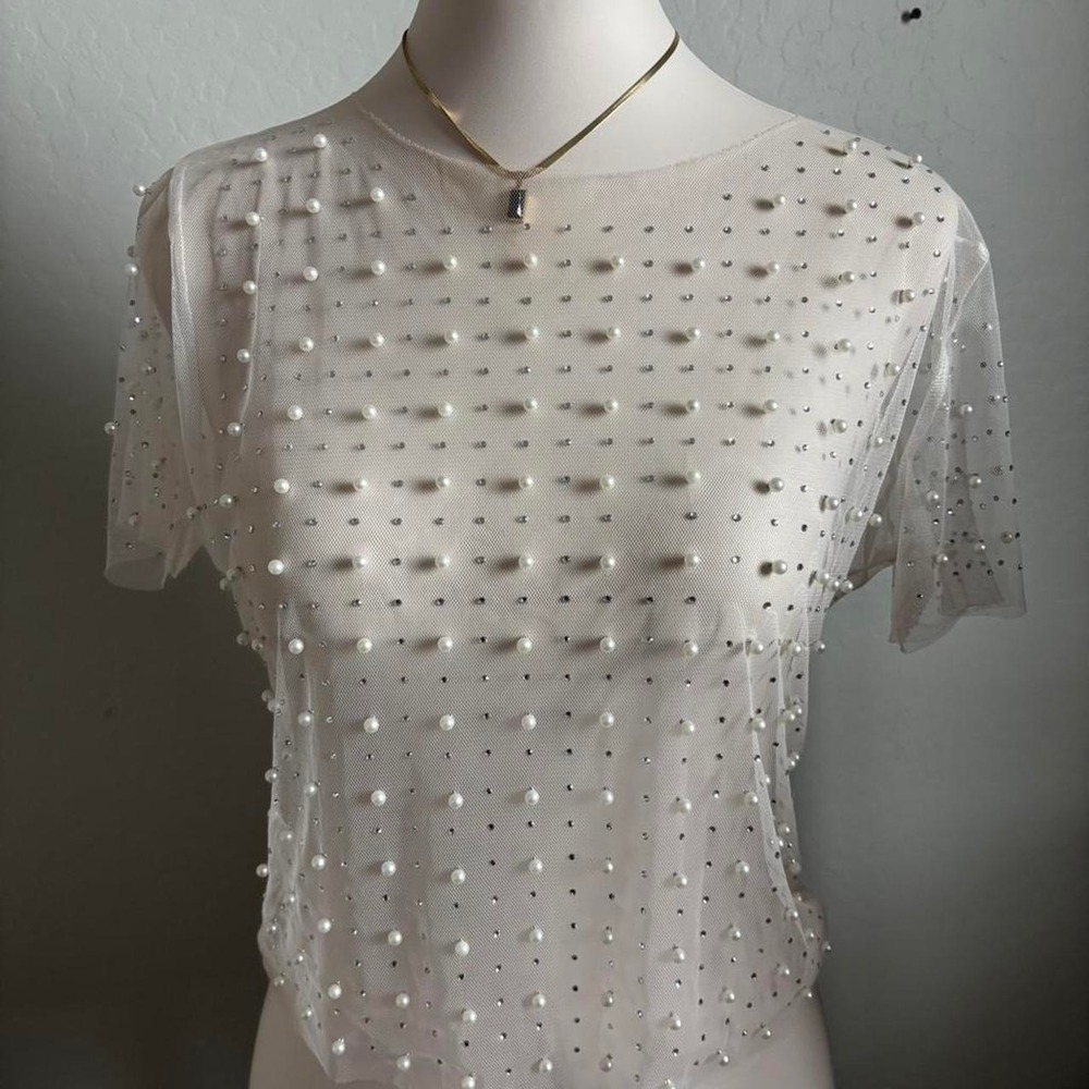 Elegant sheer mesh top with pearls and rhinestones